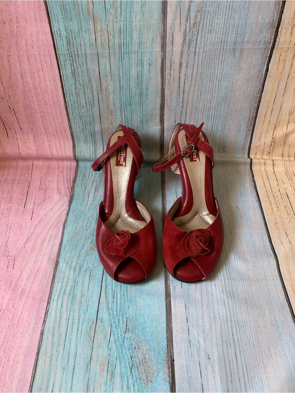 BeautiFeel Red Peep-Toe Heels with Floral Accent